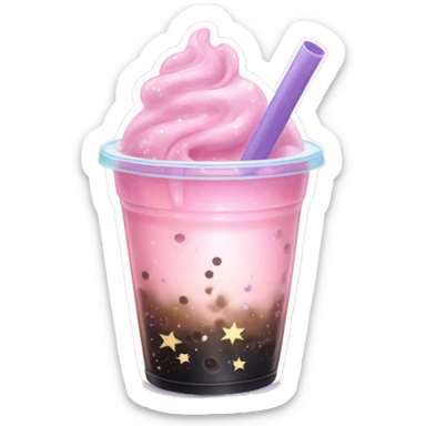 Galaxy Bubble Tea "A pastel pink bubble tea with a swirling galaxy effect inside the cup, sparkling stars and pearls, and a glowing straw shooting stardust trails." sticker