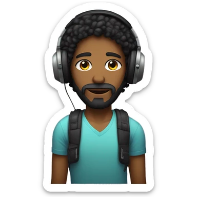A Beautiful teenager with a long face, black light beard, sharp nose, sleepy eyes and black curly hair wearing Apple headphones sticker