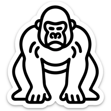 a gorilla in a defensive posture, all paws on the ground, stopping just in front of the observer, nostrils clearly visible, heavy breathing, not showing teeth, iconographic style, simple and expressive sticker
