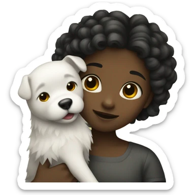 A girl with a dark square hugs a spitz sticker