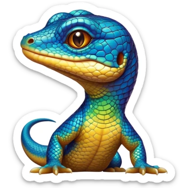 Cinematic Cute Monitor Lizard Portrait Emoji, Head tilted playfully and inquisitively, with a sleek, patterned body accented by vibrant hues and round, sparkling eyes full of wonder, Simplified yet irresistibly adorable features, highly detailed, glowing with a warm, friendly glow, high shine, affectionate and lively, stylized with a touch of exotic charm, bright and endearing, soft glowing outline, capturing the essence of a mischievous yet captivating lizard that seems as if it could scuttle out of the screen into your arms! sticker