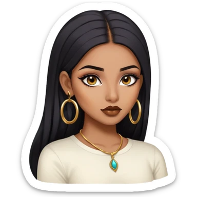 indian girl, brown skin, long black voluminous hair, brown underneath colored hair, baddie,pretty, makeup, lipliner, black eyeliner, gold hoop earrings, white top sticker