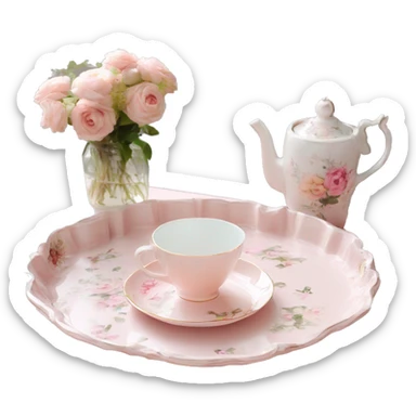 Light pink glass serving tray with handles, shabby chic style with floral print, with porcelain tea set on it sticker