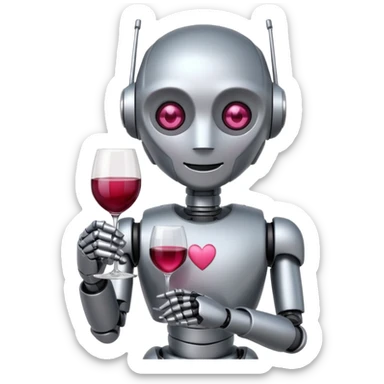 Un robot elegante con vino en la mano y una sonrisa tímida y unos ojos de corazónes rosas sticker