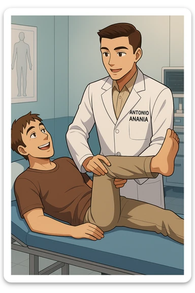fai un webtoon manga a colori con questo stile, in cui un uomo è steso sul lettino medico e il kinesiologo con il camice bianco (fagli anche la scritta "ANTONIO ANANIA" SUL CAMICE, gli solleva una gamba per fargli il test neuromuscolare, IL KINESIOLOGO SPIEGA ALL'UOMO UNA cosa mentre gli alza la gamba. l'espressione dell'uomo è felice e soddisfatta, non fare i fumetti però, fai solo in modo che sembri stiano parlando, il lettino fai in modo che si veda tutto intero sticker