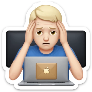 programmer holding his head, stressed, bruises under his eyes, with a laptop sticker