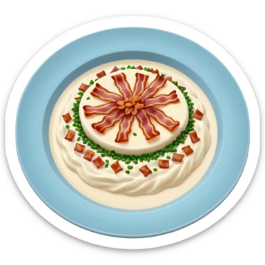 A plate of risoni, topped with small pieces of bacon with cream sticker