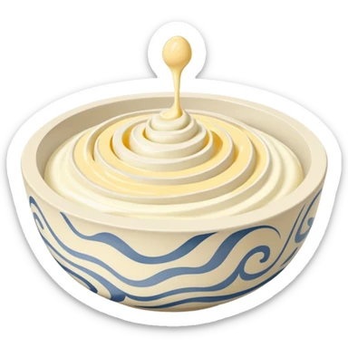 bowl of marble with mayonnaise inside, visible spiral patterns in the mayonnaise sticker