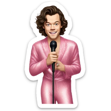 singer Harry Styles in a pink sparkly jumpsuit holding a microphone sticker