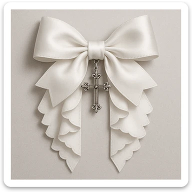 Edit the image to depict a white gothic bow with layered ribbons and a cross pendant in a general style. sticker