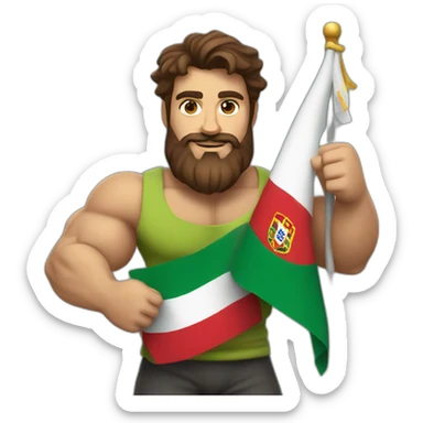 brown hair and beard guy with big muscles holding a portugese flag sticker