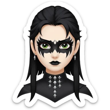 Crea una ragazza con stile black metal,  paint face black metal, capelli neri mossi dalle spalle e occhi bianchi e un collare con borchie a punta sticker