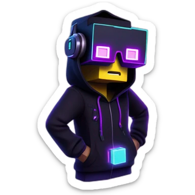 Minecraft Creeper wearing a black hoodie with "OMG" letters on it and VR headset in a cyberpunk VR environment with violet neon lighting. sticker
