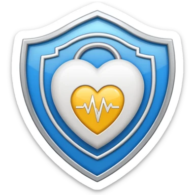 Health monitoring icon, heart inside shield, signal waves, emoji style, modern clinic branding sticker