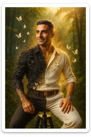 Trasformazione cinematografica: uomo d'affari in giacca sintetica nera che si sfalda come cenere, mentre da dentro emerge una nuova versione di sé vestita di lino color avorio, farfalle che nascono dalle fibre di cotone biologico, petali di fiori che si trasformano in bottoni di madreperla, capelli che diventano più folti e luminosi al contatto con tessuti naturali, pelle che letteralmente respira vapore dorato, city background che si trasforma in foresta rigogliosa, slow motion epico con particelle di luce danzanti sticker