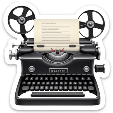 Create an emoji representing screenwriting. The design should feature an open script with visible dialogue and action lines, symbolizing the writing of a screenplay. Include a classic typewriter to signify the process of creating a script. Add a movie camera next to the script to emphasize the cinematic aspect of screenwriting. Use a professional color palette with black, white, and subtle metallic tones. Do not include any emojis or smiley faces. Make the background transparent. sticker