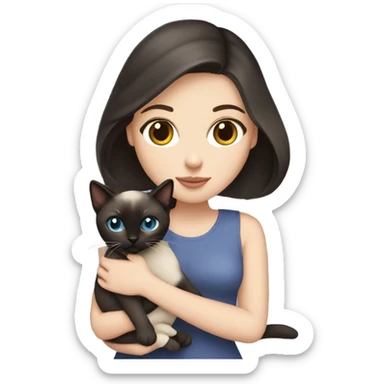 A white girl with dark hair is holding a Siamese cat sticker