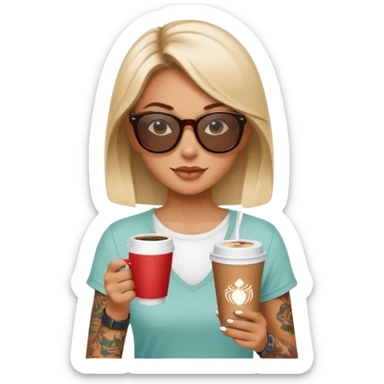 gözlük takan, dövmeli ve elinde kahve tutan, yaz kıyafetli bir kadın sticker