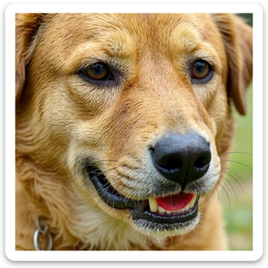 Add a bright red heart in the dog's mouth in a realistic style, keeping the background and lighting natural and consistent with the original photo. sticker