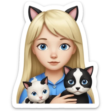 One  cat black and white stain like a cow in the arms of long blond hair girl with bangs and blue eyes sticker