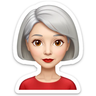 Elegant senior woman with silver-gray bob haircut, light skin, almond-shaped hazel eyes, red lipstick, wearing a red blouse, sophisticated expression sticker
