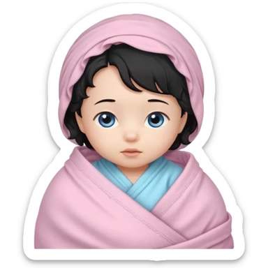 a  female asian newborn baby with black wavy hair and blue eyes wrapped in a light pink swaddle sticker
