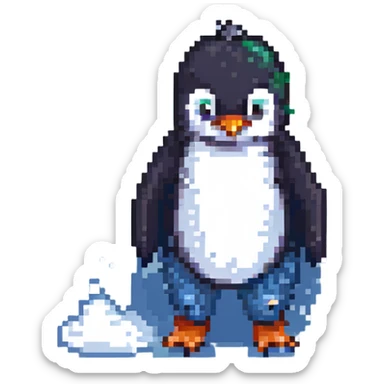pixel art penguin in jeans, standing on ice, 8-bit style sticker