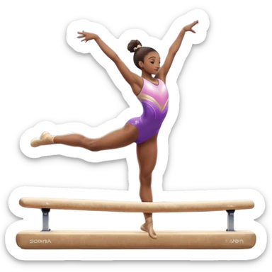 A gymnast performing a flawless routine on the balance beam, showcasing strength and grace. The scene captures the precise, elegant movement with perfect balance and form. The background features a gymnastics arena with vibrant lighting and cheering crowds, emphasizing athleticism and poise. sticker