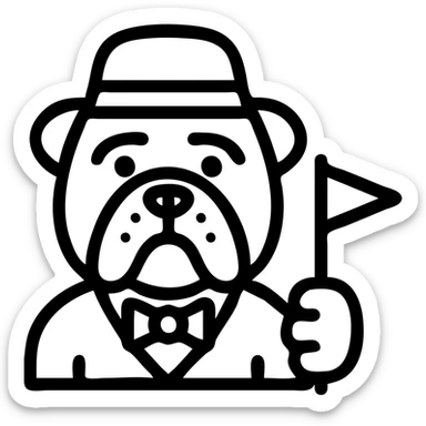 English bulldog as a tour guide, icon style, wearing a guide hat and holding a small flag sticker