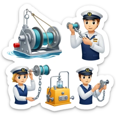 Sequential process of sailor operating winch, retrieving sediment core, and scientists examining ocean floor samples in lab sticker