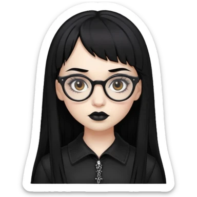 Faça uma moça de cabelo preto micro franja e pálida e com maquiagem gótica pesada olhos castanhos escuro e óculos  sticker