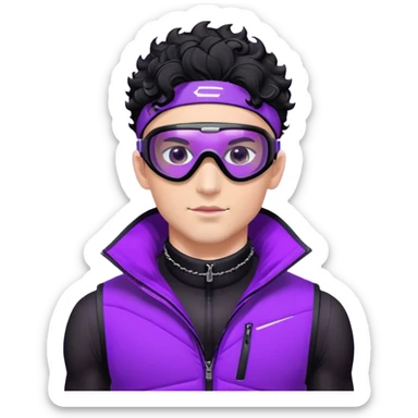 male athlete with white skin and moderately curly black hair on top with shaved sides, wearing ski goggles with purple frames and very dark black lenses, a simple plain black chain necklace, and a completely unzipped/wide open shiny purple vest fully revealing his chest and abs, no earrings sticker