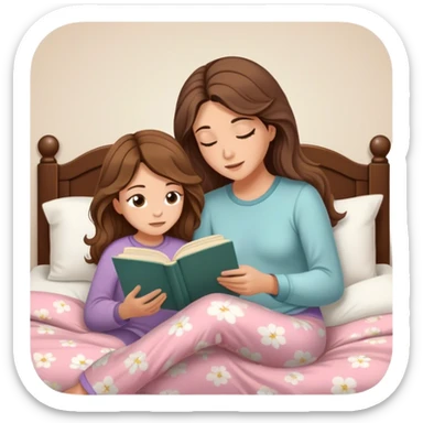 A thin white pretty mom with light brown eyes with lashes and brown long beach waves hair while reading a novel to her 10 years old daughter in pjs in her daughter's bed sticker