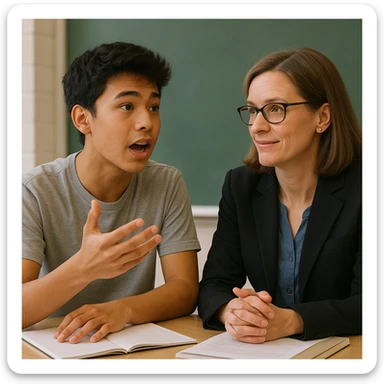 a student and teacher in conversation, with the student actively explaining or asking a question, highlighting verbalization sticker