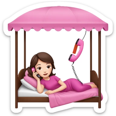 brunette woman reclining on a canopy bed, pink telephone to her ear sticker