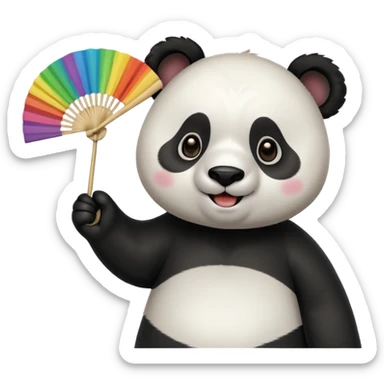A panda waving a painted fan joyfully, cheeks puffed in excitement.
 sticker