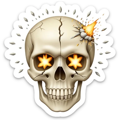 A traumatized skull with an exploding pellet above its head. sticker