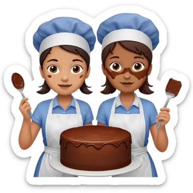 A chocolate cake being made by two young girls sticker