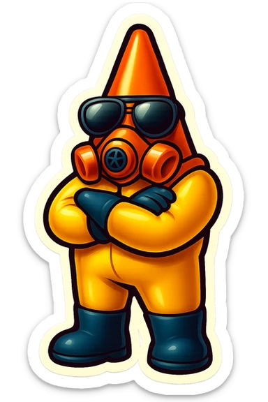 Create emoji-style variation of a pylon cone head character in a hazmat suit, with gloves and boots, standing with arms crossed. Transparent background. sticker
