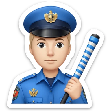Russian traffic police officer in blue uniform with striped baton and peaked cap, holding traffic baton sticker