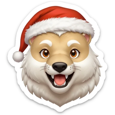 Polar bear and wolf hybrid with sabertooth fangs; light orange eyes; smiling; wearing a Santa hat  sticker