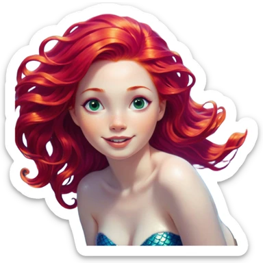 Cinematic Realistic Red Hair Mermaid Portrait, head tilted dramatically with an exaggeratedly amused expression, featuring a striking, vibrant form with meticulously detailed, flowing red hair and luminous porcelain skin. Her expressive eyes burst with playful marine mischief, rendered with dynamic underwater lighting and vibrant textures that convey an air of cheeky oceanic whimsy and over‐the‐top mermaid charm. sticker