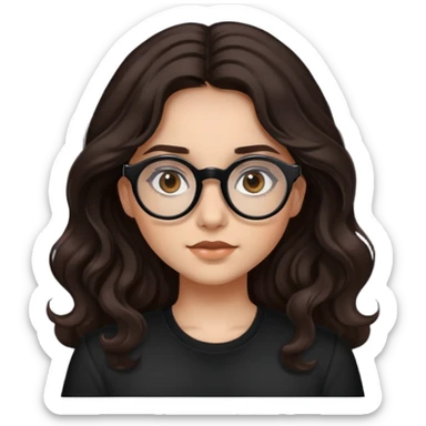 make a girl emoji: she has dark brown long wavy hair,dark brown eyes,round black vision glasses,and a black shirt sticker