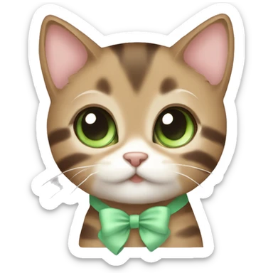kawaii brown tabby kitten with green eyes and pastel green bow sticker