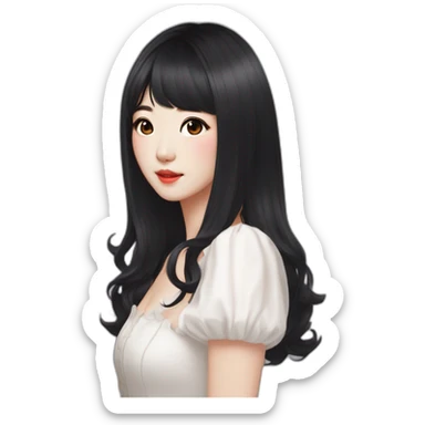 pretty woman in mid length black hair , small korean eyes, with dimples on both cheeks, with kpop dress sticker
