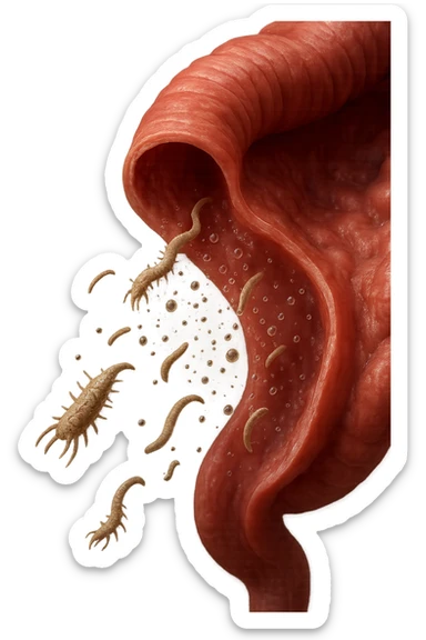 Realistic medical image of microscopic parasites leaving the intestines after taking natural kinesiological drops, symbolizing detox and cleansing. sticker