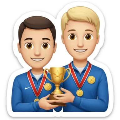 winner ceremony with one guy handing another guy a trophy. One having a medal around his neck sticker