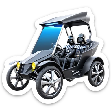 Mad max survival apocalypse ghostly sporty Darth Vader’s Batman-armored 1876 black graphite colored enclosed twin seat town buggy with horizontal holographic 3d stars painted on the body sides and neon under glow  sticker
