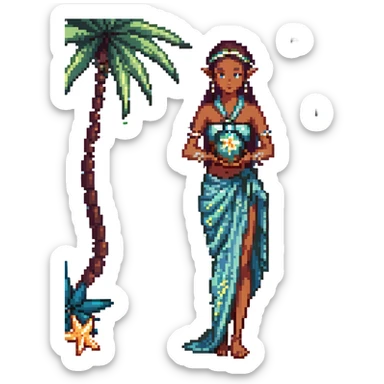 elf female Sarong with bioluminescent embroidery, armful of starfish, hair in a braid with pearl pins sticker