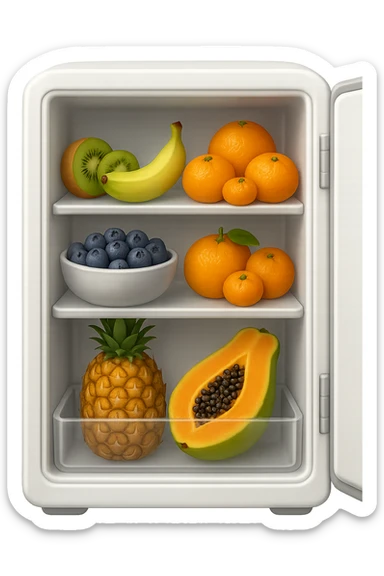 emoji stile iphone di un frigo aperto con dentro ben visibili questi alimenti: Kiwi
Banana acerba
Arance e mandarini
Mirtilli
Ananas
Papaya
IPERREALISTICO 4K sticker